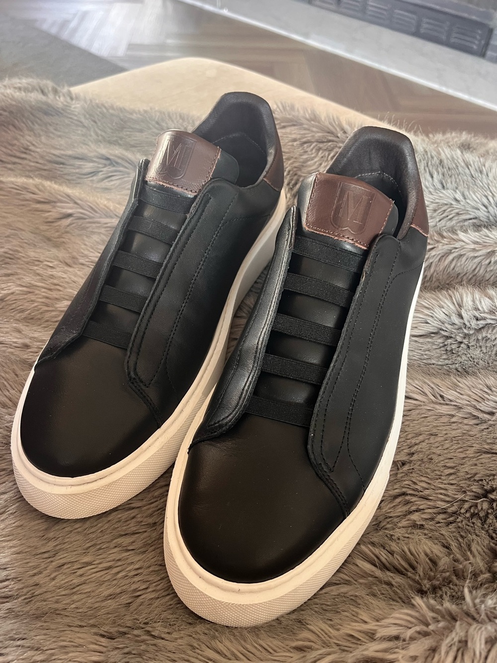 Like New Bruno Magli Black Sneaker Shoes with Brown Heel Patch and White Sole
